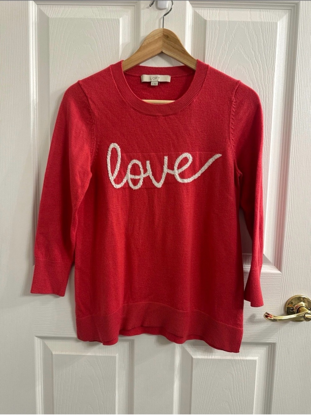 LOFT Red Crewneck Sweater with White "Love" Script
